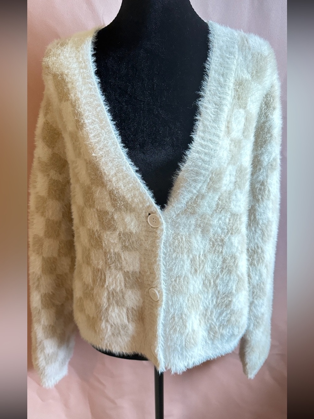 Fuzzy Ivory V-Neck Button Cardigan Sweater